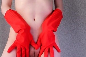 Red Rubber Gloves, Hairy Pussy ASMR - Sexy Russian Teen Solo