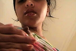 Small tit brunette amateur tugs on a big willie