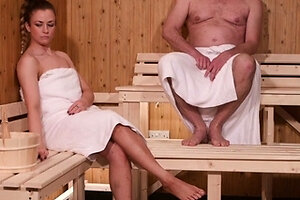 Naughty voyeur babe teasing guy in sauna