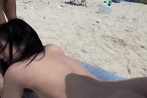 Horny Asian beauty, Hina Maeda, gets creampied on the beach