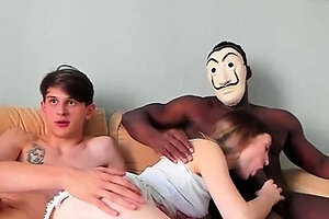 Horny teen get pounded hard by black and white guy live at s